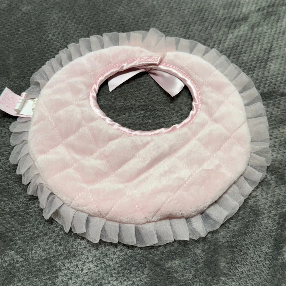 Bearington Baby Pink Quilted Plush Bunny Bib Tulle Ruffle Satin Bow 100745